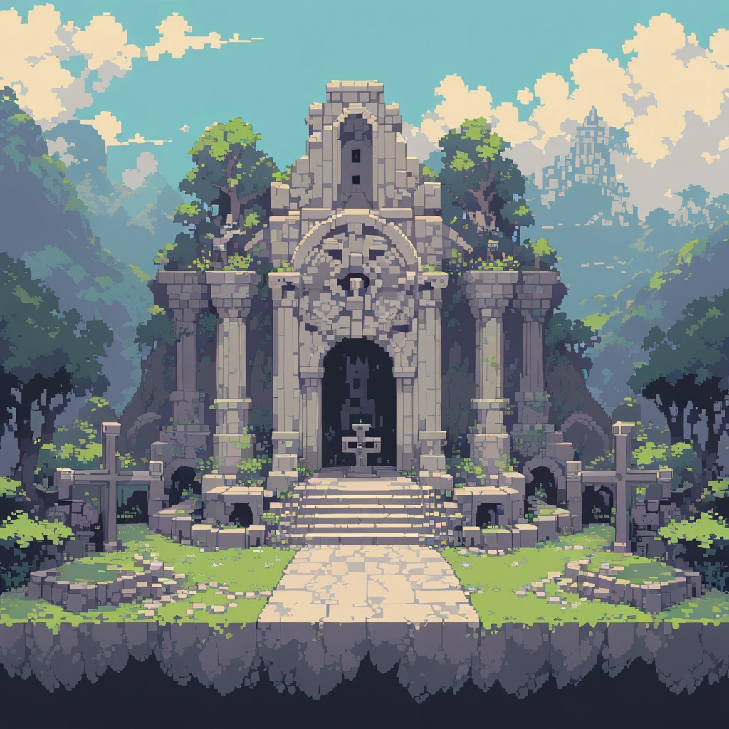 The prompt for generating a pixel art could be: "pixel art,(best quality, high resolution, detailed),(retro, nostalgic) colors,8-bit style,crisp lines and edges,small canvas,blocky pixels,limited color palette,low-fi graphics,dark colors,iconic pixel characters, cementery, final stage"