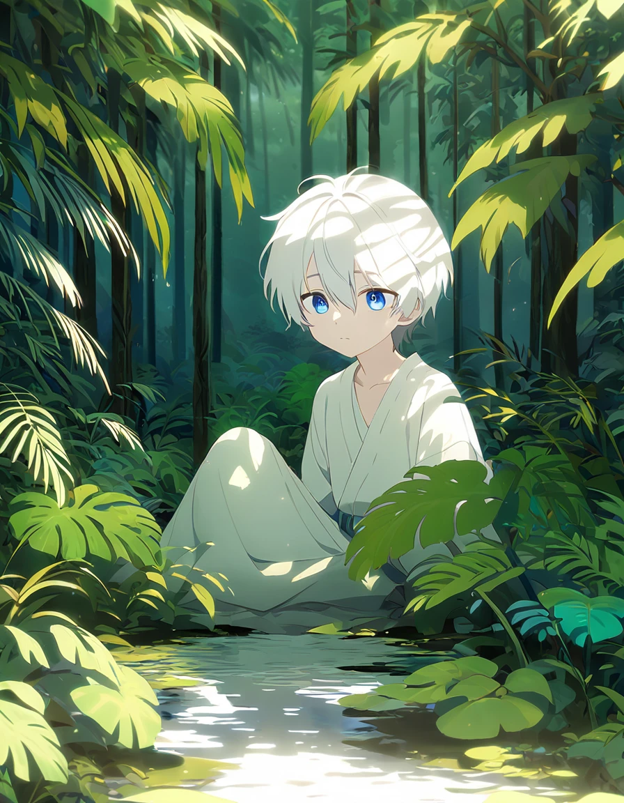 In the middle of a vast jungle, where trees rise like green giants and the sounds of nature create an enveloping symphony, A boy with white hair and blue eyes is found. His presence is a striking contrast to the vibrant environment that surrounds him.. However, The beauty of the landscape is marred by the sadness that consumes it..