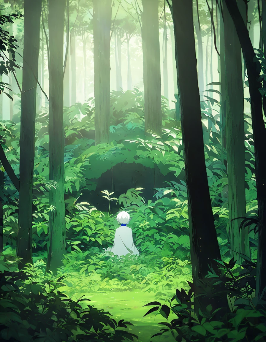 In the middle of a vast jungle, where trees rise like green giants and the sounds of nature create an enveloping symphony, A boy with white hair and blue eyes is found. His presence is a striking contrast to the vibrant environment that surrounds him.. However, The beauty of the landscape is marred by the sadness that consumes it..