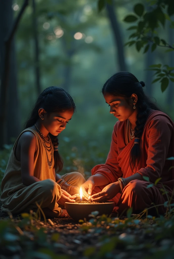Indian picture of Young Indian girl around 11 to 12 year old lives in village surrounded by dense forest listening to stories told by her grandmother in the evening . Her grandmother telling her story about grand ceremonies, special objects and mysterious rituals performed by the people to ensure that the spirit of their ancestors were at peace use the same faces of young girl and grandmother