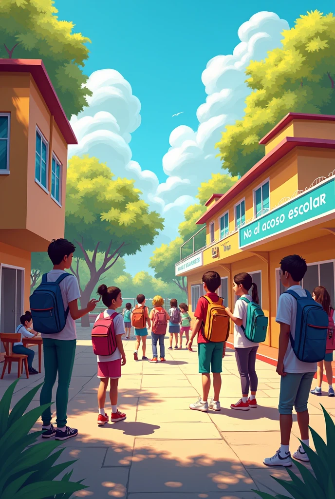 I want you to create an image that reflects not bullying in schools and to show that it is wrong but that it is lively for a school and where it says no to violence in schools with letters but that it is in Spanish no to bullying 