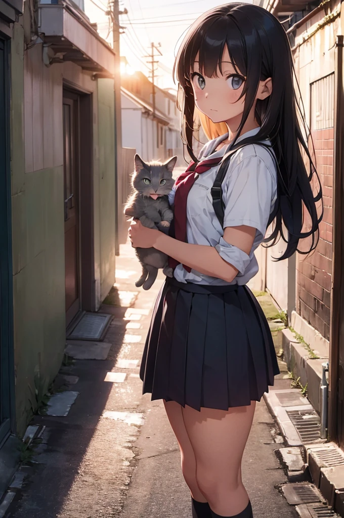 girl in school uniform with a grey kitten, alleyway, sunset, 50mm lens