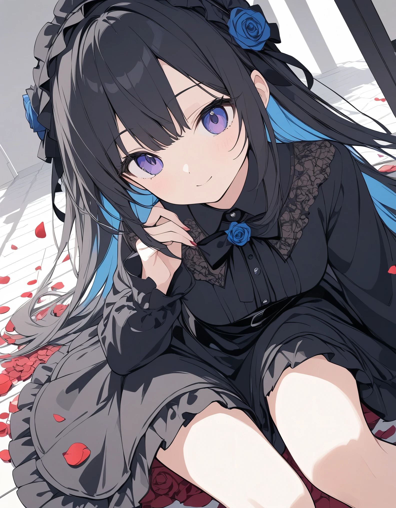 High resolution, Attention to detail, high quality, High resolution, 最high quality, 4K, 8k, Awards、BREAK、Gothic、Gothic ta、BREAK、Rose petals fall、Mysterious artwork、Flat color、Rose Floor Background、Wide-angle lens