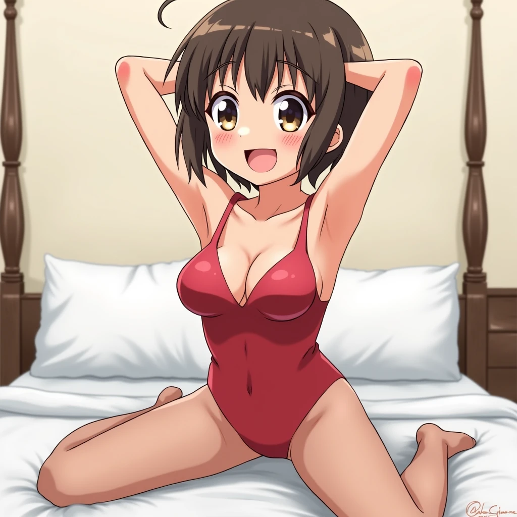 best quality, insanely detailed, nino nakano, breasts, blush, bedroom background, looking at viewer, pussy, one-piece swimsuit, cheerful eye, Gymnastics leg spread, pantyhose
