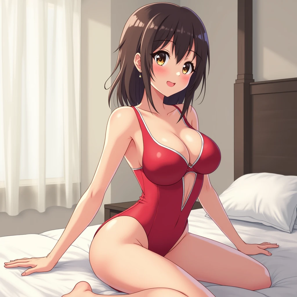 best quality, insanely detailed, nino nakano, breasts, blush, bedroom background, looking at viewer, pussy, one-piece swimsuit, cheerful eye, Gymnastics leg spread, pantyhose
