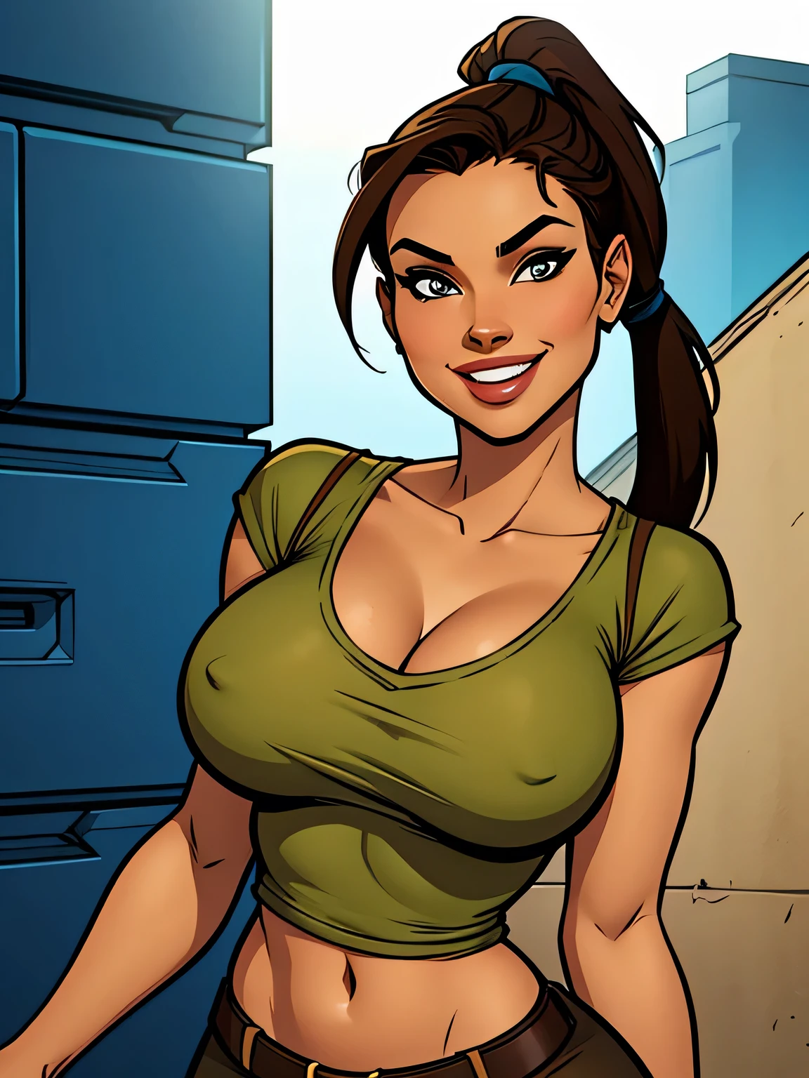 Thin woman, Lara Croft, beautiful smiling, v-neck t-shirt, brunette skin, brown hair with ponytail, eyes browns, busty. comic style.