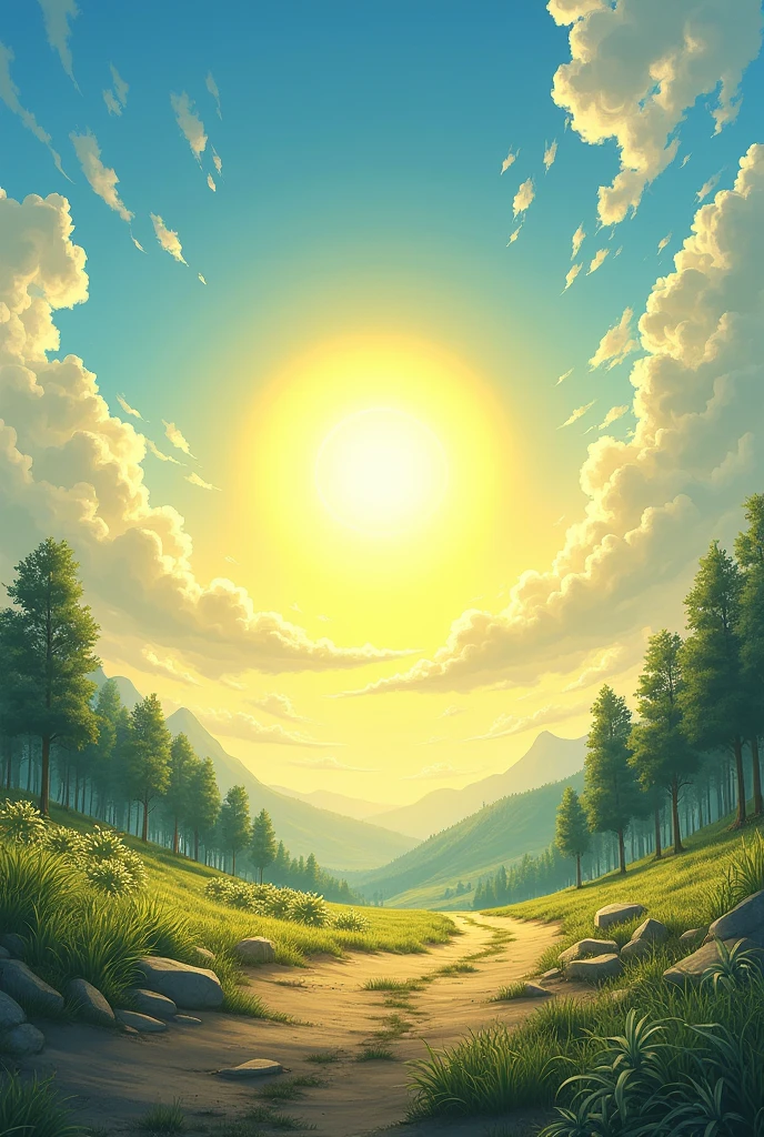 An outdoor scene during the day with a clear, sunny sky. The sun shines brightly in the sky, displaying a bright yellow or golden color. Sunlight illuminates the landscape, creating soft shadows on the ground, detailed, masterpiece, Best Quality, High resolution