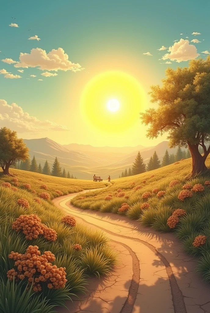 An outdoor scene during the day with a clear, sunny sky. The sun shines brightly in the sky, displaying a bright yellow or golden color. Sunlight illuminates the landscape, creating soft shadows on the ground, detailed, masterpiece, Best Quality, High resolution