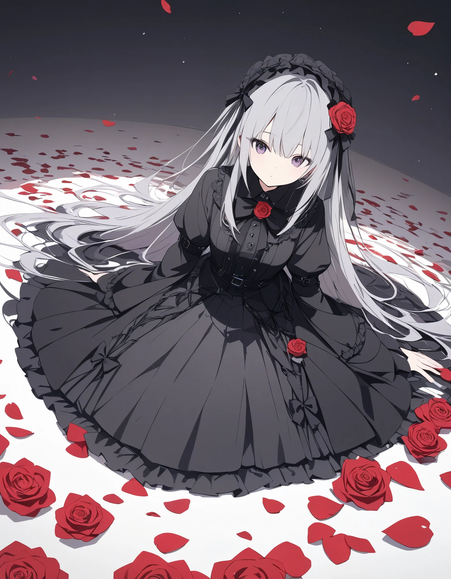 High resolution, Attention to detail, high quality, High resolution, 最high quality, 4K, 8k, Awards、BREAK、Gothic、Gothic Lolita、BREAK、Rose petals fall、Mysterious artwork、Flat color、Rose Floor Background、Wide-angle lens、solo,1人