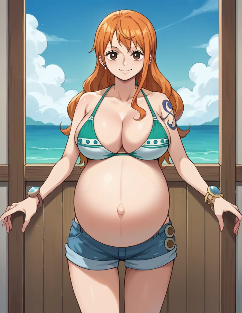 score_9, score_8_up, score_7_up, source_anime, best quality, clear face, 1girl, nami, NAAmi, orange hair, blue eyes, large breasts, white bikini, shorts, cleavage, smile, looking at viewer, sky, standing, pregnant belly, huge belly, belly