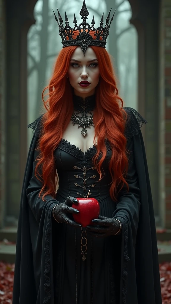 fille rousse ,long red hair，Black Queen，accesories，Apple in hand，poisoned apples，Witch Queen，lipstick