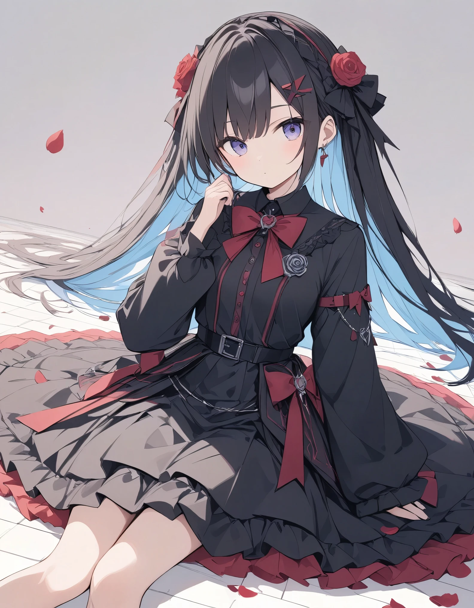 High resolution, Attention to detail, high quality, High resolution, 最high quality, 4K, 8k, Awards、BREAK、Gothic、Gothic ta、BREAK、Rose petals fall、Mysterious artwork、Flat color、Rose Floor Background、Wide-angle lens、solo,1人
