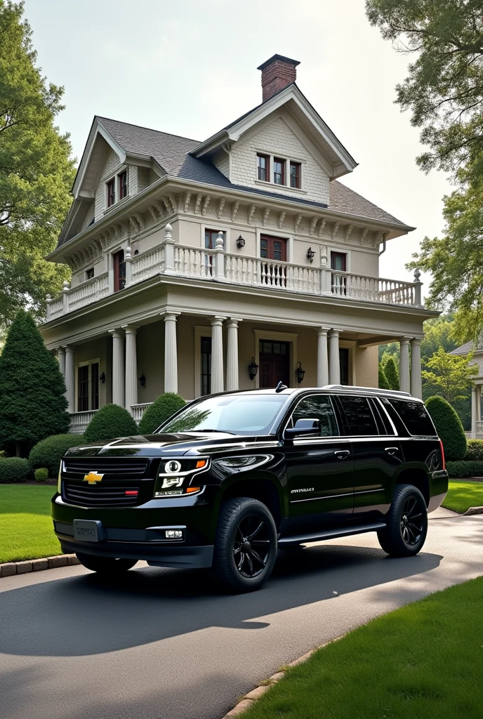 Small two story home in collierville Tennessee with a black 2016 Tahoe truck with black rims. *Epic realism*