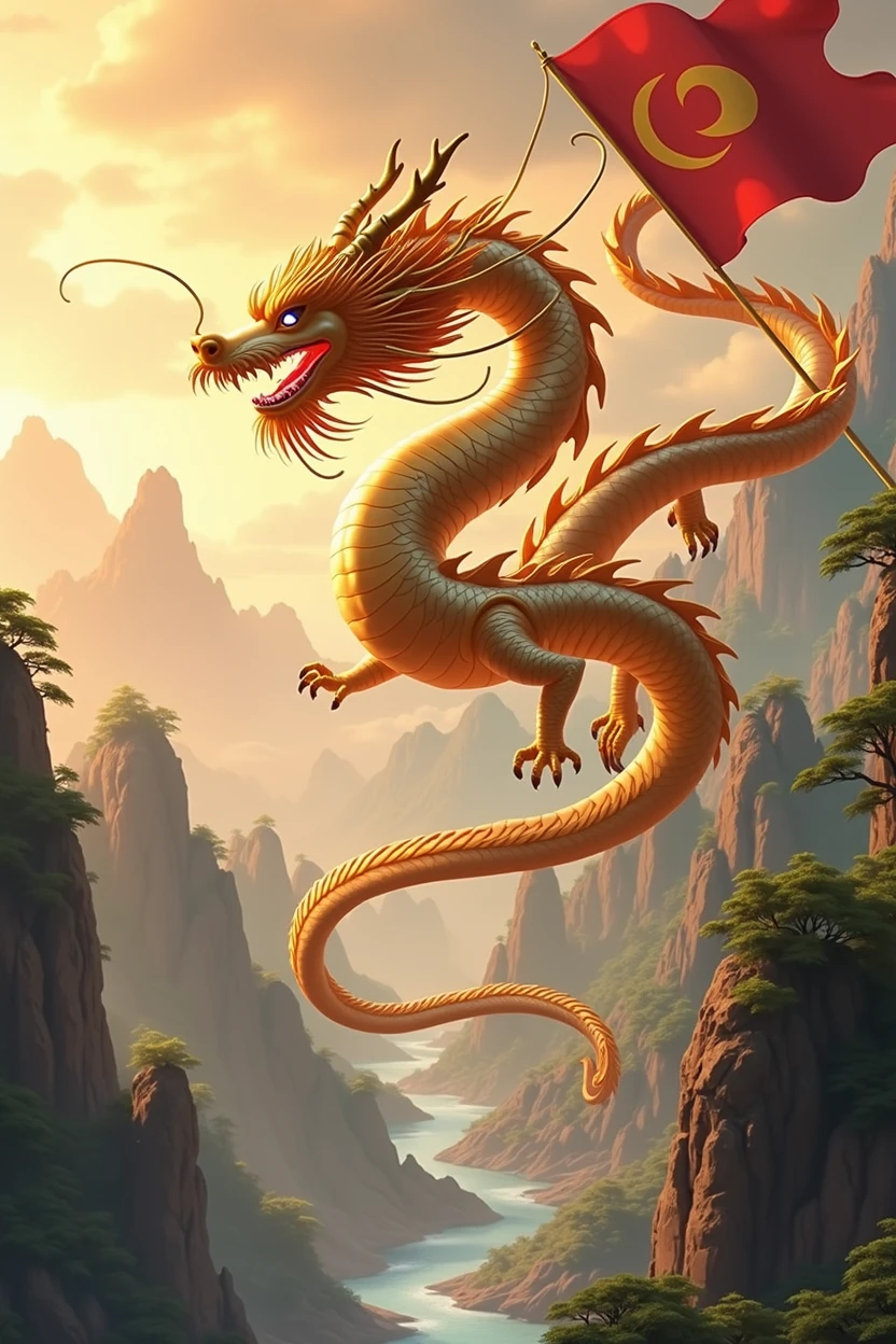 Chinese style golden dragon,Dragon and Dragon Chain,golden chain,A group of flying dragons,background chinese style,Mountains and rivers,dragon huge,background flag waving