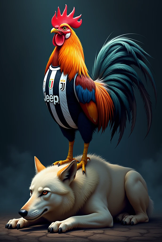 I want to create a rooster logo , wearing a Juventus shirt standing on top of a dead wolf