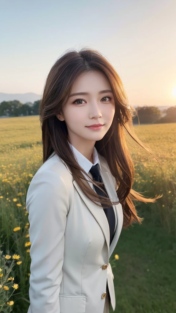 highest quality、genuine、Super detailed、finely、High resolution、8k wallpaper、one beautiful woman、、、light brown disheveled hair、wearing a business suit、sharp focus、perfect dynamic composition、beautiful and detailed eyes、thin hair、Detailed genuine skin texture、smile、model body shape、In a windswept meadow