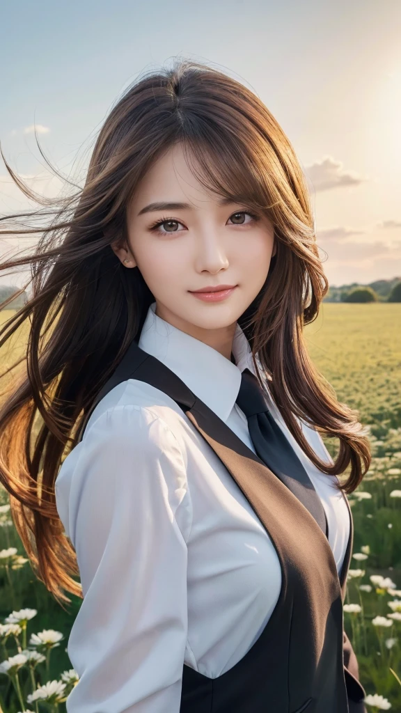 highest quality、genuine、Super detailed、finely、High resolution、8k wallpaper、one beautiful woman、、、light brown disheveled hair、wearing a business suit、sharp focus、perfect dynamic composition、beautiful and detailed eyes、thin hair、Detailed genuine skin texture、smile、model body shape、In a windswept meadow