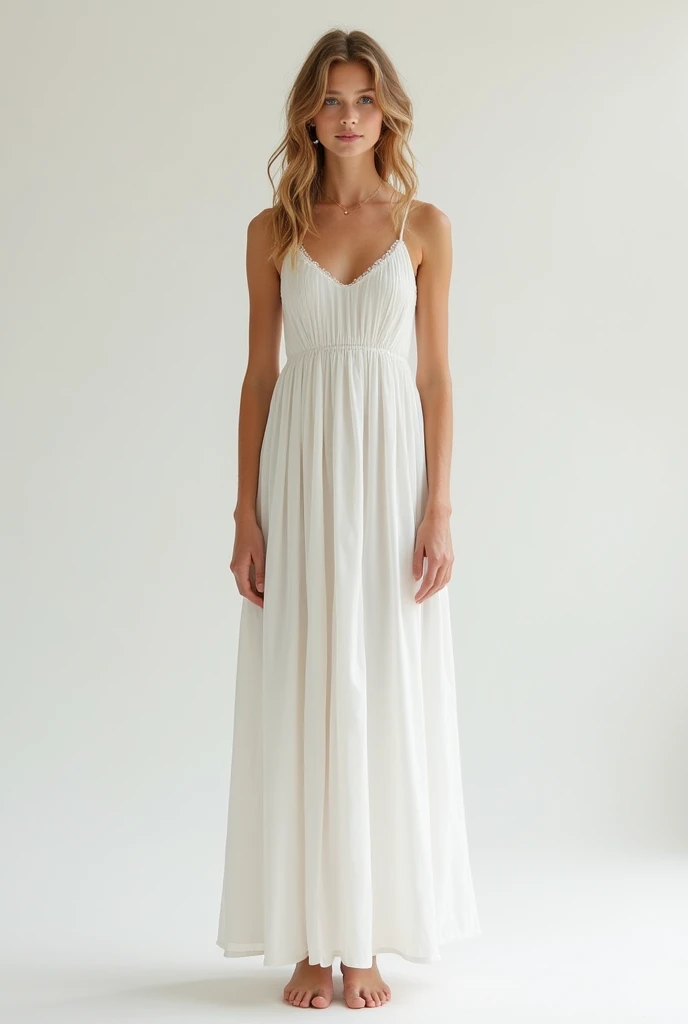 create a girl standing straight, with a long, simple white dress