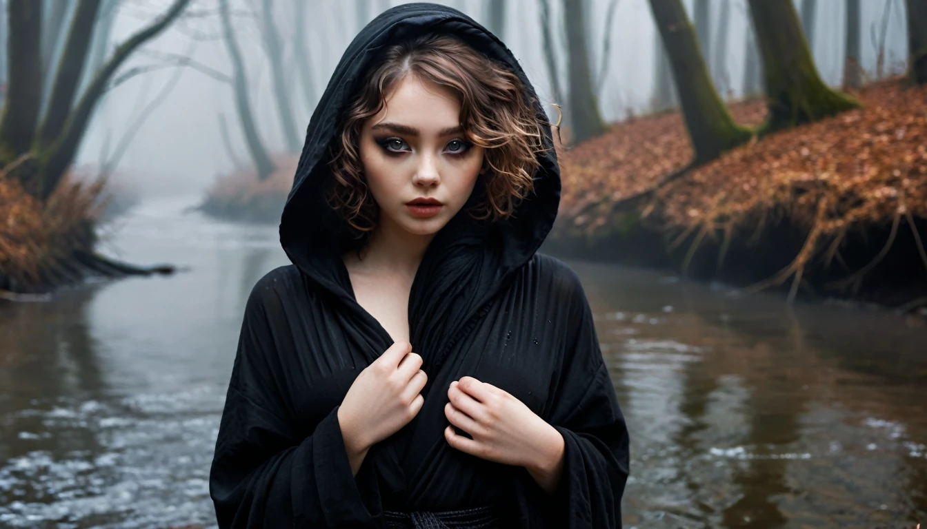 ((masterpiece, Fantasy,Only the left eye is closed,Black paint on eyelids and cheeks, Beautiful girl)), Brown wavy short hair,Pale skin, Black hooded robe,Heavy Robe,assassin, gray scarf, forest, Small River, fog,Thin lips
