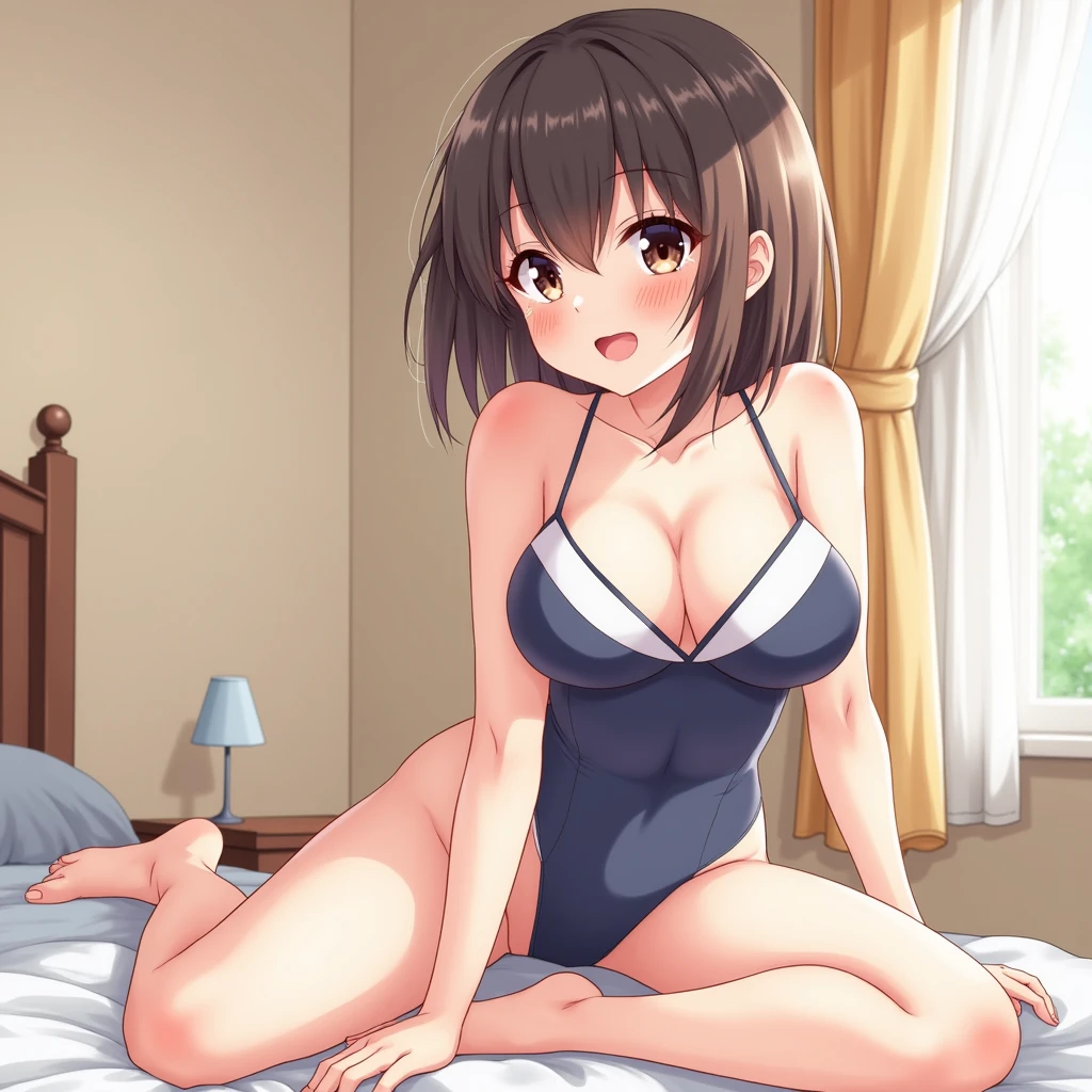 best quality, insanely detailed, nino nakano, breasts, blush, bedroom background, looking at viewer, pussy, one-piece swimsuit, cheerful eye, Gymnastics leg spread, pantyhose