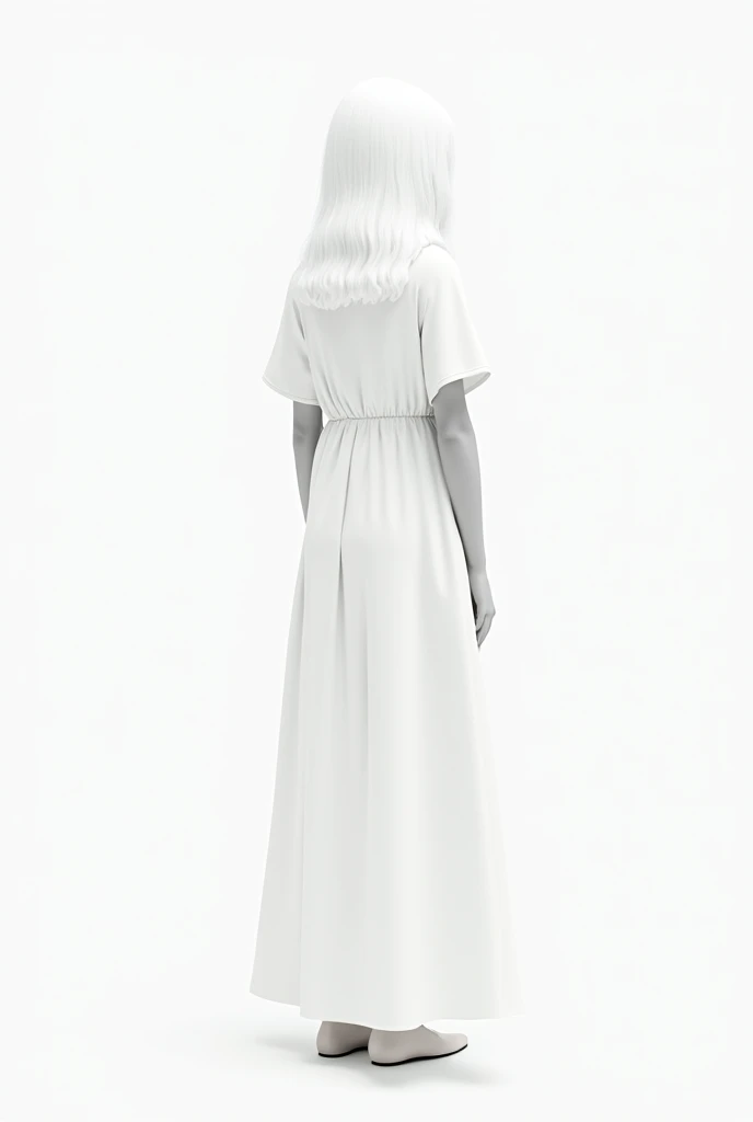 create a girl standing straight, with a long, simple white dress, white hair, white background