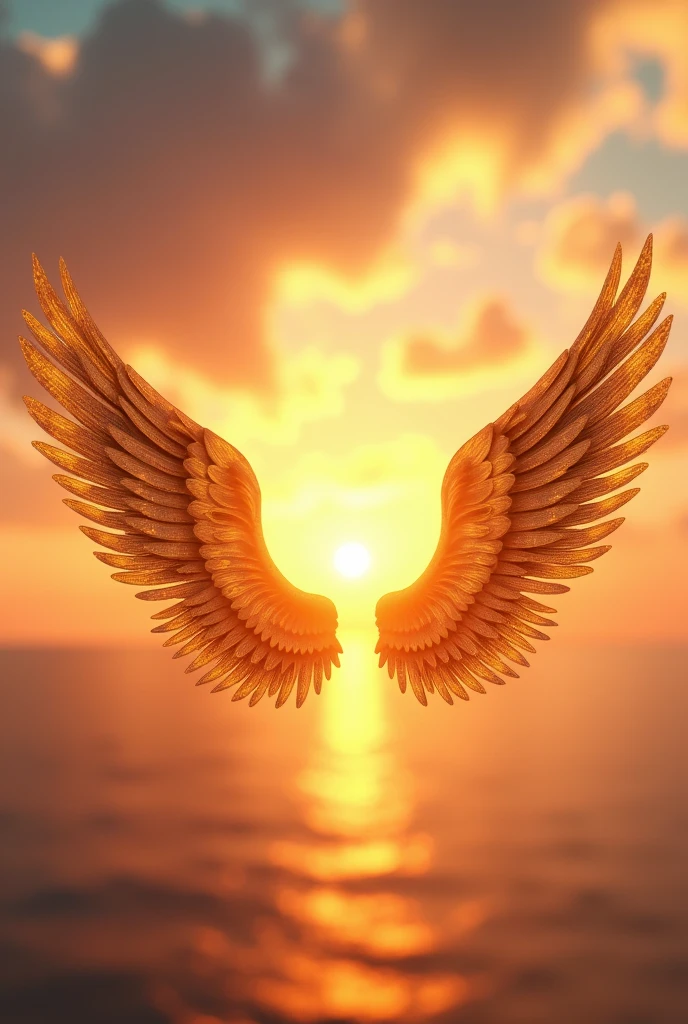 Angel wings on sunset background. 3d illustration with golden wings.