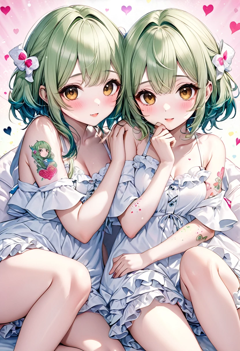 cute twin 18 year old girls, green medium hair, amorous and lewd face, big brown eyes, superlative body proportion, twins fashion, wearing white baggy frilly clothes, covered in tattoos, they sit together, snuggled up to each other and rub their faces together happily, background pastel colored dots and hearts, shading effects, gradation magic effects, foggy filter effects, glitter effects, (ultra detailed, absolutely resolution, best quality:1.3), 2.5D, delicate and dynamic, artistic photography, hyper realistic, graphic CG