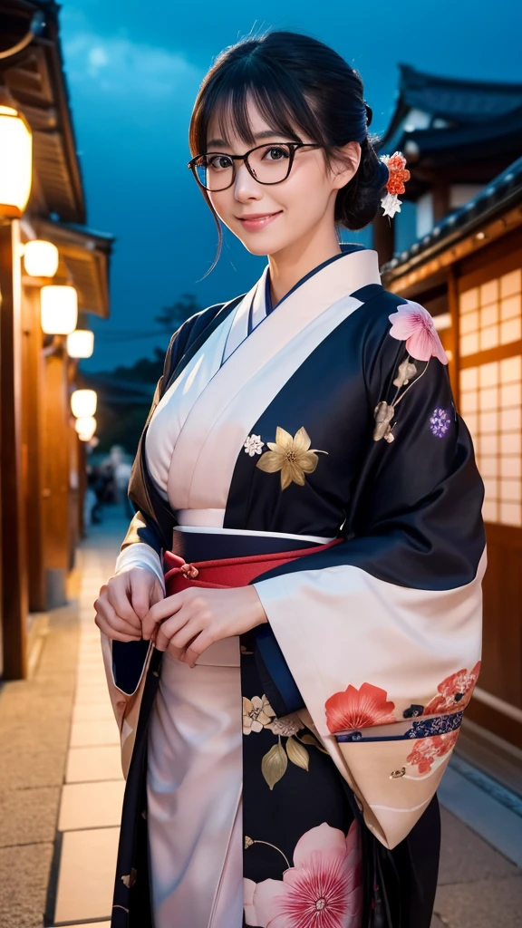 (Super beautiful woman in kimono)、((highest quality、8K masterpiece:1.3))、sharp focus:1.2、(super beautiful face:1.0)、(shiny skin:1.0)、realistic pictures、black hair、video lighting、High resolution eyes and face、video lighting、japanese actress、from the front、big breasts、with a happy smile、Slender abs beauty、whole body、wearing a kimono、in Kyoto、(((luxury obi)))、In Kyoto at night、wearing glasses with no edge、with a fan、Fireworks Display