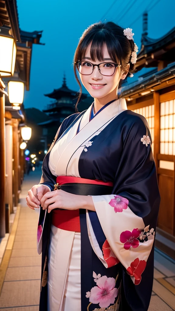 (Super beautiful woman in kimono)、((highest quality、8K masterpiece:1.3))、sharp focus:1.2、(super beautiful face:1.0)、(shiny skin:1.0)、realistic pictures、black hair、video lighting、High resolution eyes and face、video lighting、japanese actress、from the front、big breasts、with a happy smile、Slender abs beauty、whole body、wearing a kimono、in Kyoto、(((luxury obi)))、In Kyoto at night、wearing glasses with no edge、with a fan、Fireworks Display