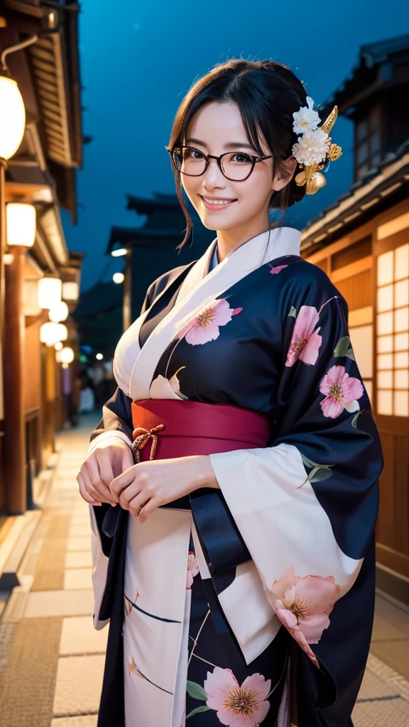 (Super beautiful woman in kimono)、((highest quality、8K masterpiece:1.3))、sharp focus:1.2、(super beautiful face:1.0)、(shiny skin:1.0)、realistic pictures、black hair、video lighting、High resolution eyes and face、video lighting、japanese actress、from the front、big breasts、with a happy smile、Slender abs beauty、whole body、wearing a kimono、in Kyoto、(((luxury obi)))、In Kyoto at night、wearing glasses with no edge、with a fan、Fireworks Display