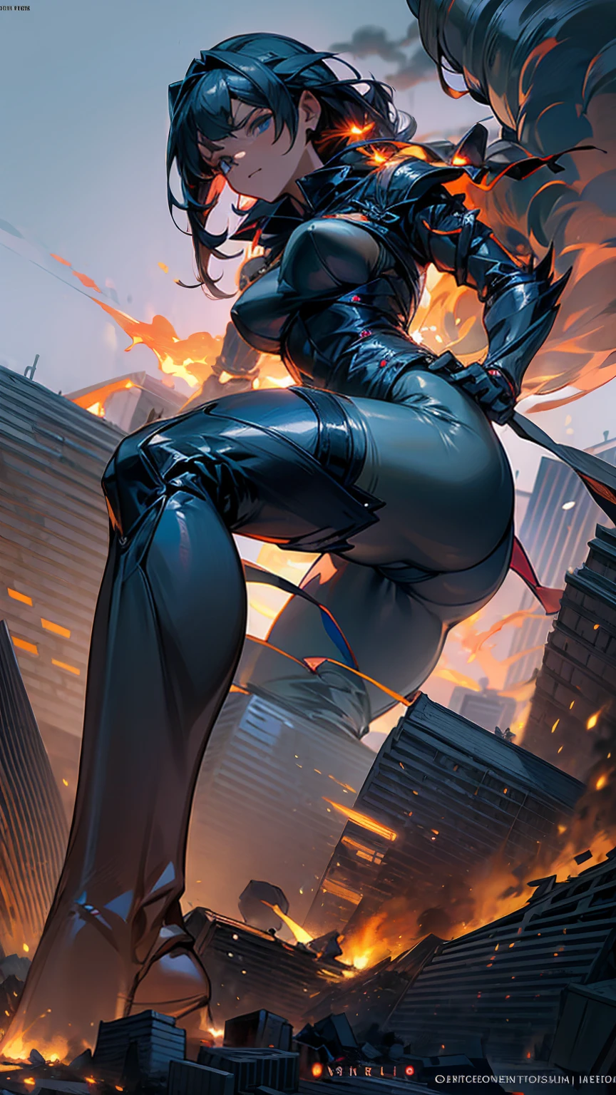 1 giantess, towering over a city, completely naked, yet curvy body, powerful and destructive stance, crushing buildings underfoot, debris and chaos around her, intense expression of dominance, cityscape in ruins, smoke and fire in the background, highly detailed, high quality, dramatic lighting, anime-style, masterpiece