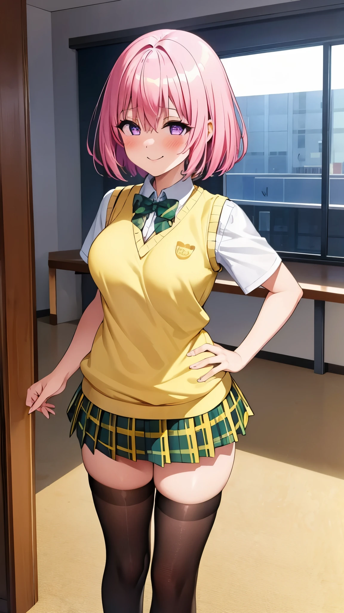 momo velia deviluke, ph momo, momohd, phmomo, solo, 1girl, pink hair, purple eyes, short hair, hair flower, sweater vest, school uniform,(yellow sweater:1.2), big eyes, plaid skirt, black thighhighs,
(masterpiece:1.2, best quality), (finely detailed beautiful eyes: 1.2), (beautiful detailed face), (sharp face hair between eyes, Classroom,
(detail white panty, cameltoe), 12yo, brush, ((spread legs, cum)), (shiny skin, sweating: 1.4), dynamic lighting, high resolution, sharp focus, depth of field, breast rubbing, netting, tights, mesh material、(Naked:1.4), (see-through lingerie:1.3), (blushing face:1.4), smiling, cowboy shot, g cup、bodysuit, ripped clothes, clothes that can be taken off, take off, pose, break, fall, severe damage, trembling look, luscious, appeal,, exposed skin ,impossible swimsuit ,nipple clothes ,nipple　、m legs