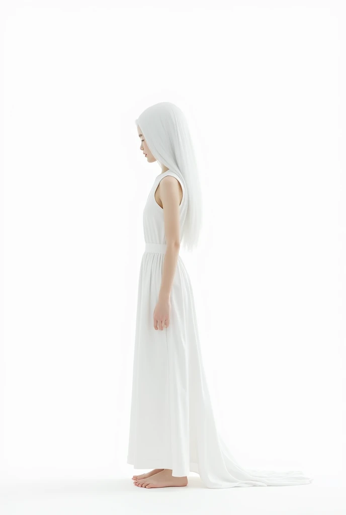 create a girl standing straight, with a long, simple white dress, white hair, white background, asian