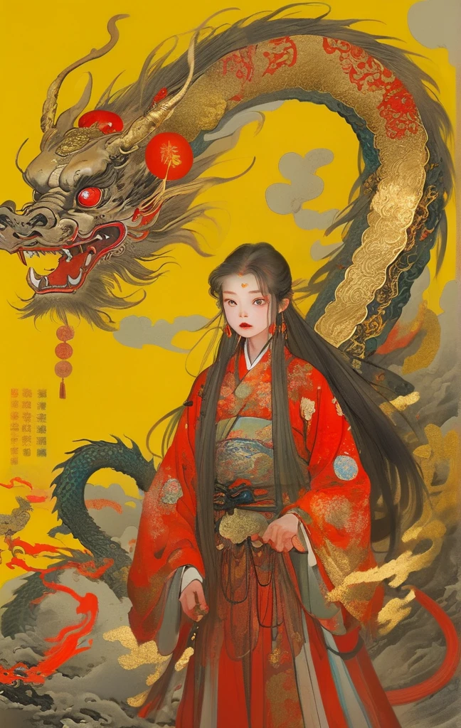 A long-haired girl dressed in red and gold has her head bitten off by a dragon, surrounded by traditional symbols such as lanterns, renku poems, and gold bars. Standing in front of the background, the colors are bright and vivid, but also a little eerie.