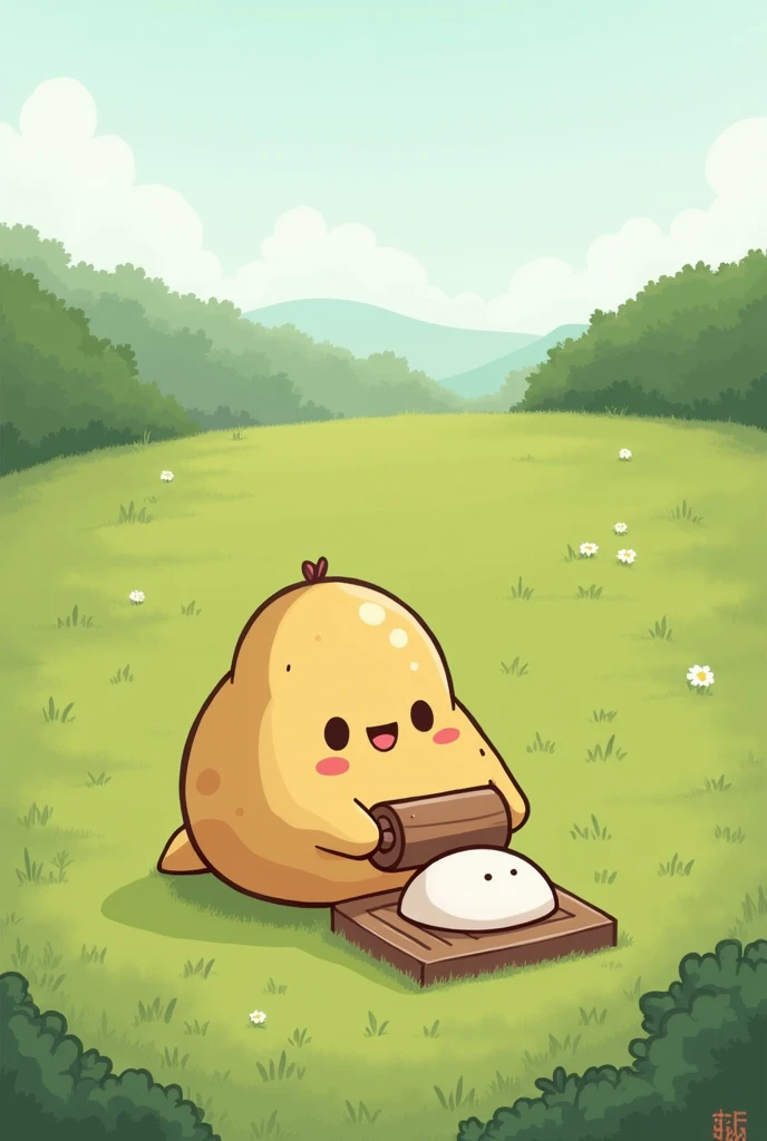 A potato character is pounding mochi The background is a grassland There is no tail