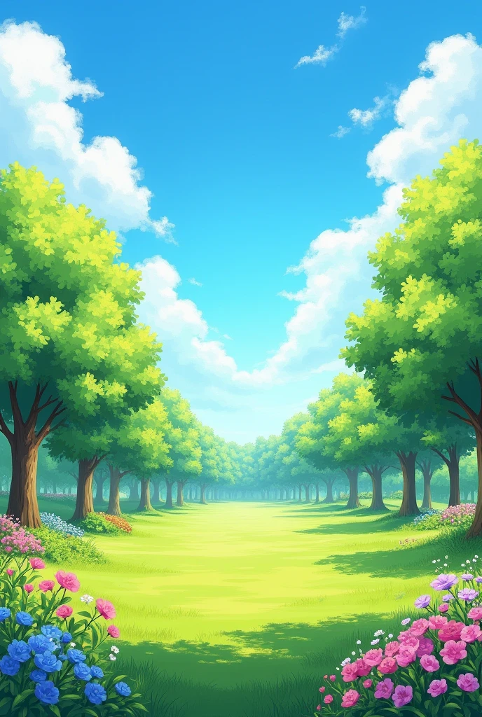 An outdoor scene on a beautiful sunny day. The sky is a clear blue with some scattered fluffy clouds. The sun shines softly, illuminating the landscape in a warm way. You can include a natural environment such as a park with green grass., trees with fresh leaves and colorful flowers in full bloom detailed, masterpiece, Best Quality, High resolution