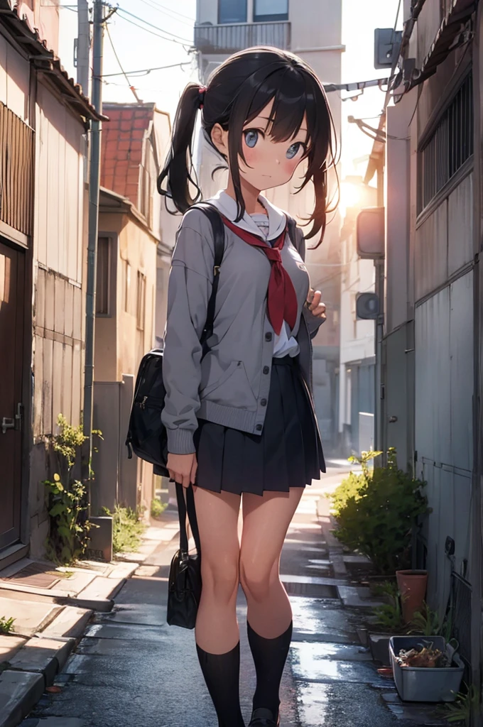 girl in school uniform with a grey kitten, alleyway, sunset, 50mm lens