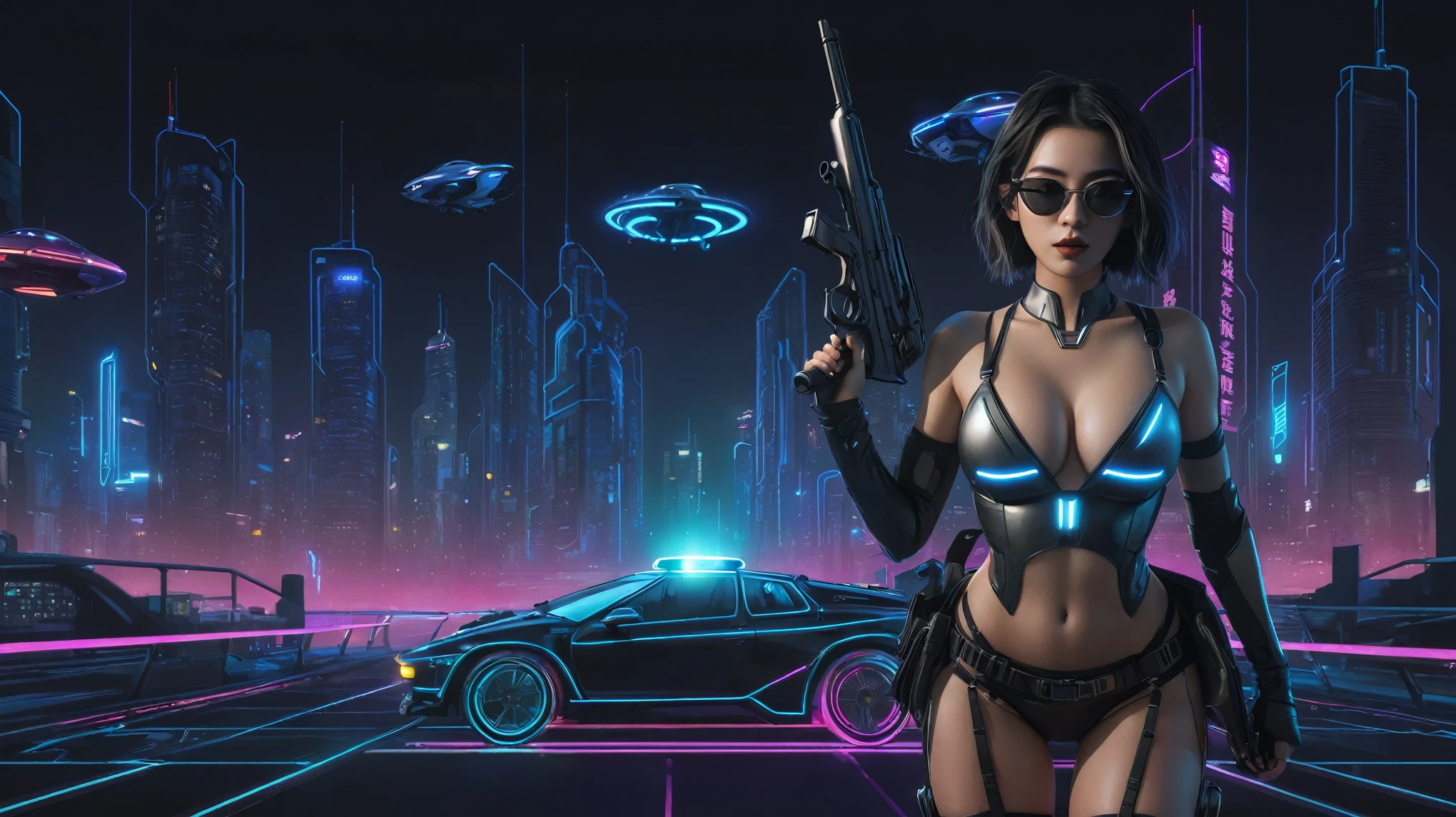 At night, simple outlined cyberpunk city, flying cars, line art background. (1girl, solo), photo realistic, medium-breast:1.3 slim body, cleavage, sling top, miniskirt, black sunglasses, holding a short gun, half-body thigh level medium shot, cinematic lighting, ray tracing.