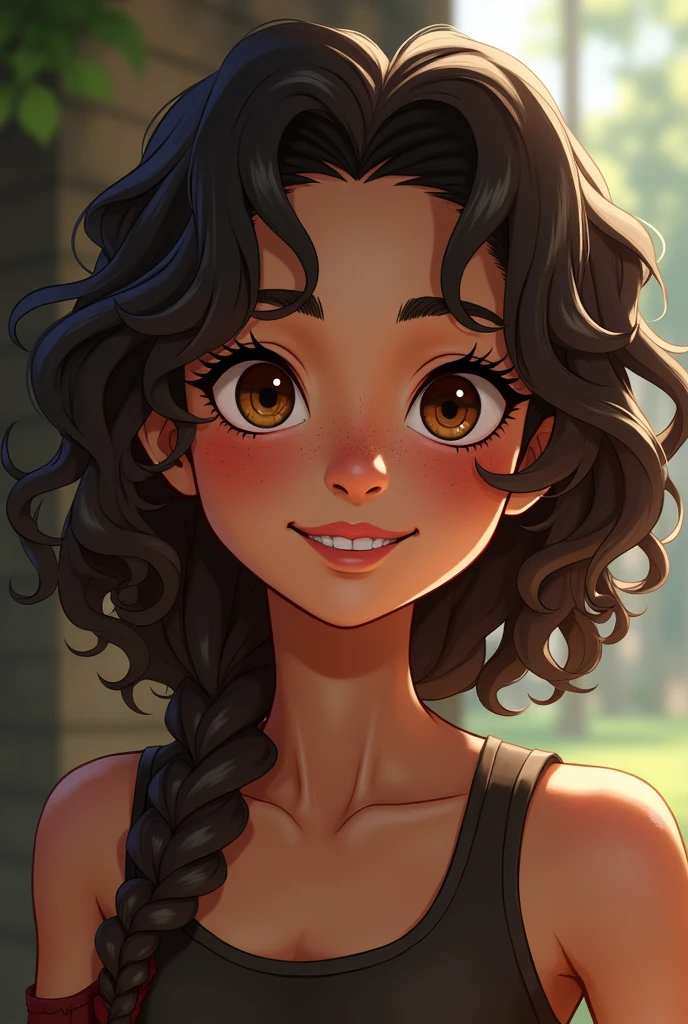Crie a Charlotte, a 12 year old girl, genius in hand-to-hand combat, with curly hair, brunette skin, dark brown skin, freckles, brown heterochromia, perfect smile and dimples in his chin, besides a turned-up nose, and slanted eyes, one light brown eye and one dark brown eye, Grinning, Dimples on the chin, Closer look while smiling Fantasy book style