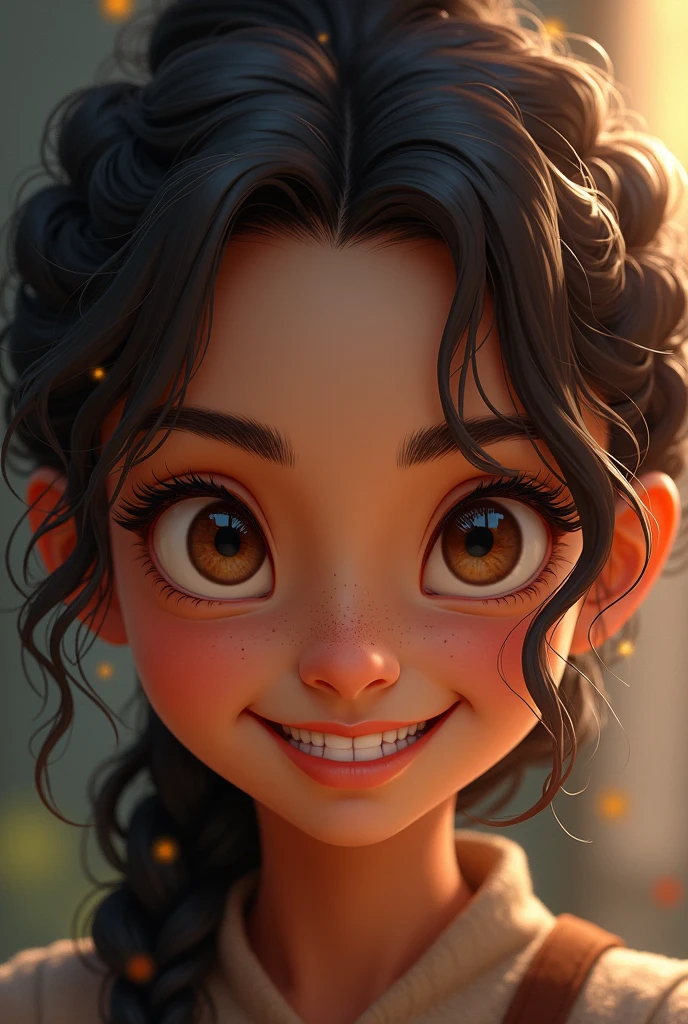 Crie a Charlotte, a 12 year old girl, genius in hand-to-hand combat, with curly hair, brunette skin, dark brown skin, freckles, brown heterochromia, perfect smile and dimples in his chin, besides a turned-up nose, and slanted eyes, one light brown eye and one dark brown eye, Grinning, Dimples on the chin, Closer look while smiling Fantasy book style