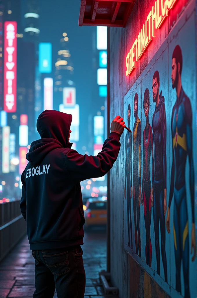 high quality, 8K Ultra HD, someone is drawing cyberpunk heroes on the wall, wearing a hoodie with writing on the back of the hoodie EBOGLAY, in a metropolitan city