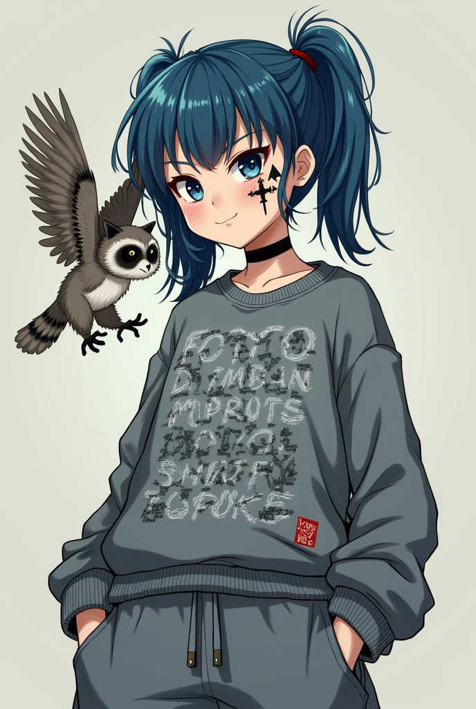 Girl with pigtails , Blue hair , black eyes , tattoo on face inscriptions , sweatshirt with skulls, baggy pants gray , there is a grey raccoon on the side, an owl is flying nearby