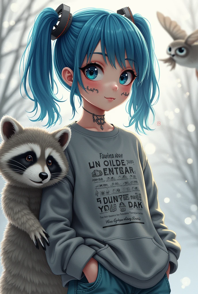 Girl with pigtails , Blue hair , black eyes , tattoo on face inscriptions , sweatshirt with skulls, baggy pants gray , there is a grey raccoon on the side, an owl is flying nearby