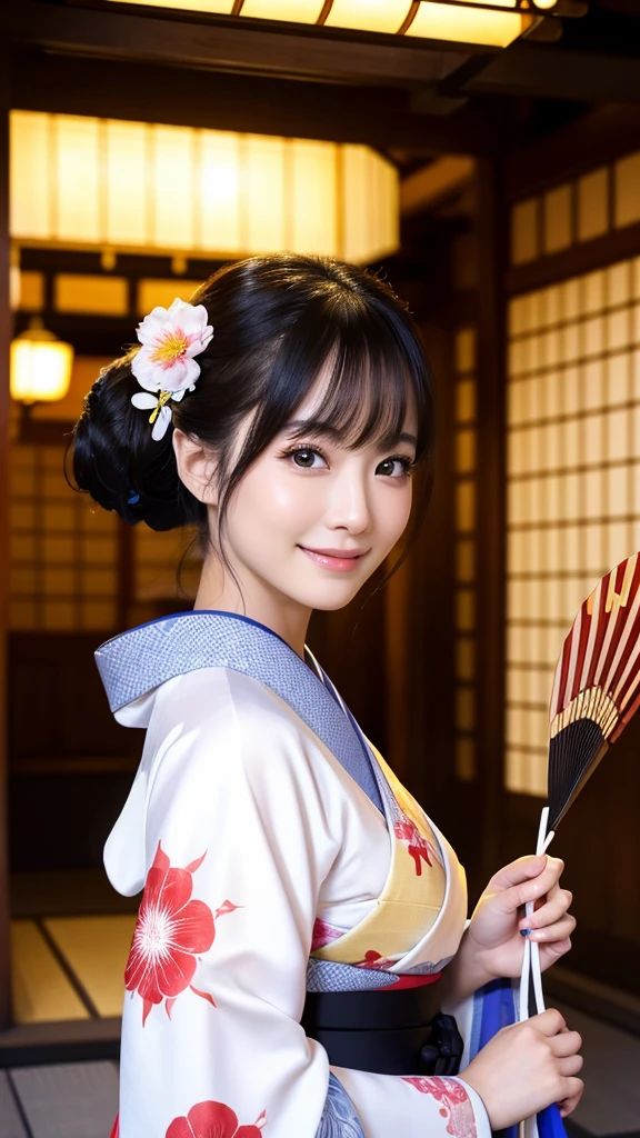 (Super beautiful woman in kimono)、((highest quality、8K masterpiece:1.3))、sharp focus:1.2、(super beautiful face:1.0)、(shiny skin:1.0)、realistic pictures、black hair、video lighting、High resolution eyes and face、video lighting、japanese actress、from the front、with a happy smile、whole body、wearing a kimono、in Kyoto、(luxury obi)、with a fan、Fireworks Display