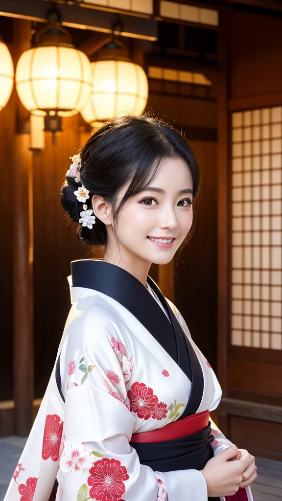 (Super beautiful woman in kimono)、((highest quality、8K masterpiece:1.3))、sharp focus:1.2、(super beautiful face:1.0)、(shiny skin:1.0)、realistic pictures、black hair、video lighting、High resolution eyes and face、video lighting、japanese actress、from the front、with a happy smile、whole body、wearing a kimono、in Kyoto、(luxury obi)、with a fan、Fireworks Display