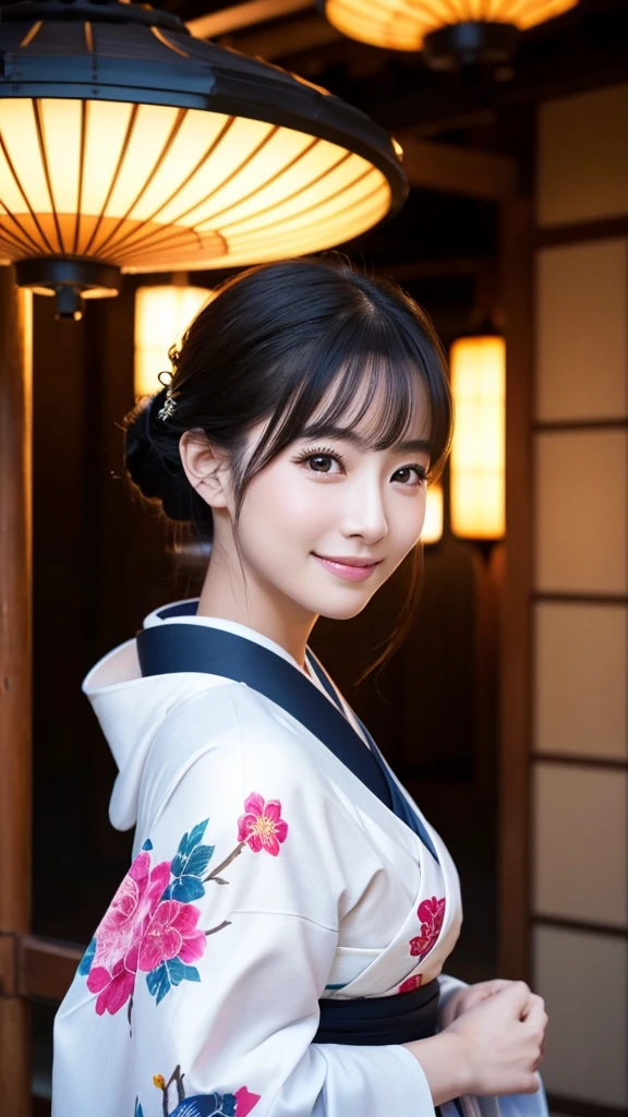 (Super beautiful woman in kimono)、((highest quality、8K masterpiece:1.3))、sharp focus:1.2、(super beautiful face:1.0)、(shiny skin:1.0)、realistic pictures、black hair、video lighting、High resolution eyes and face、video lighting、japanese actress、from the front、with a happy smile、whole body、wearing a kimono、in Kyoto、(luxury obi)、with a fan、Fireworks Display