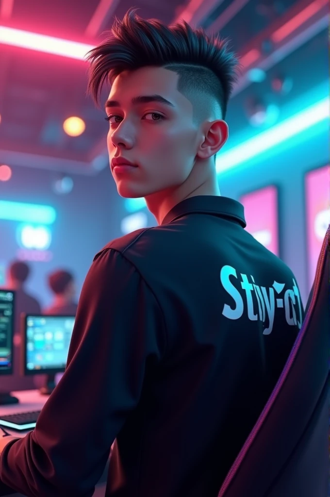3D cowok cool, handsome, undercut hair, Esports game wearing a black shirt with Sty-c written on the back
