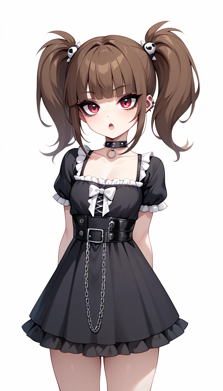 cute girl freckles, white background, choker, punk,chain dress,GothGal, brown hair,ktrmkp, twintails