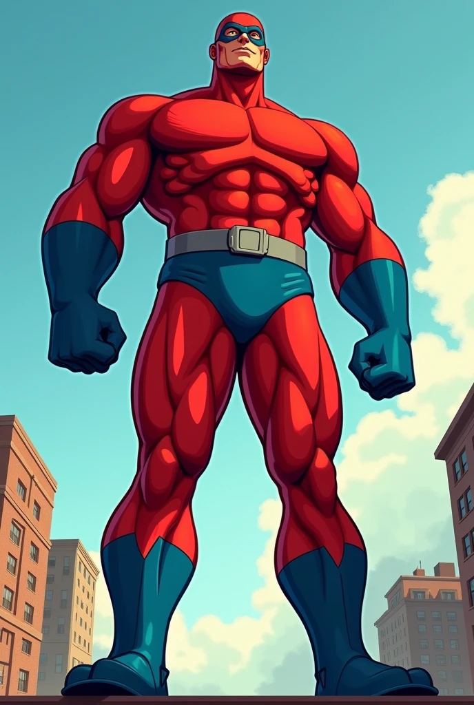 Classic comic book giant man / antman He’s in his giant form with the red Spandex suit with blue gloves and boots and blue undies and gray belt Red Spandex ski mask Eyebrows and he’s bigger than the building