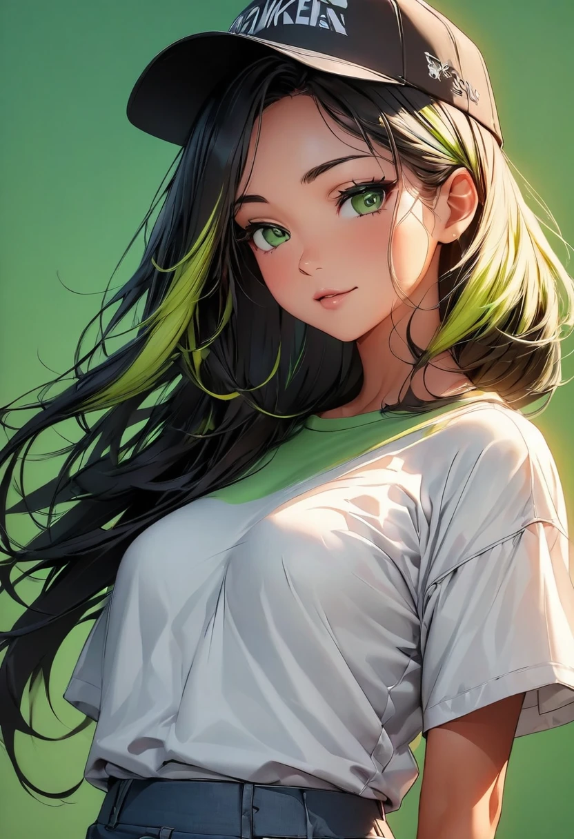 (highest quality:1.2, Very detailed, up to date, Vibrant, Ultra-high resolution, High Contrast, masterpiece:1.2, highest quality, Best aesthetics), Portraiture、girl、((25 years old:1.5)), (slim:1), 25-years-old, (black trucker cap:1.3), (green t-shirt), jeans, Bright colors、Beautiful fine details、Beautiful lip detail、long hair, (low ponytail:1), white and yellow green ((streaked hair:1.6)), highlights hair: 1.5, (small breast,:1) (tan skin:1.1), ((Plain green background:1.6)), lineart, ((two toned:1.7)), ((cowboy shot:1.5)), clean line drawings, look at viewer, from front